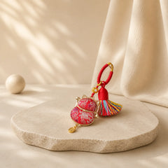 Song Brocade Lucky Cat Wealth Tassel String Keychain featuring Copper