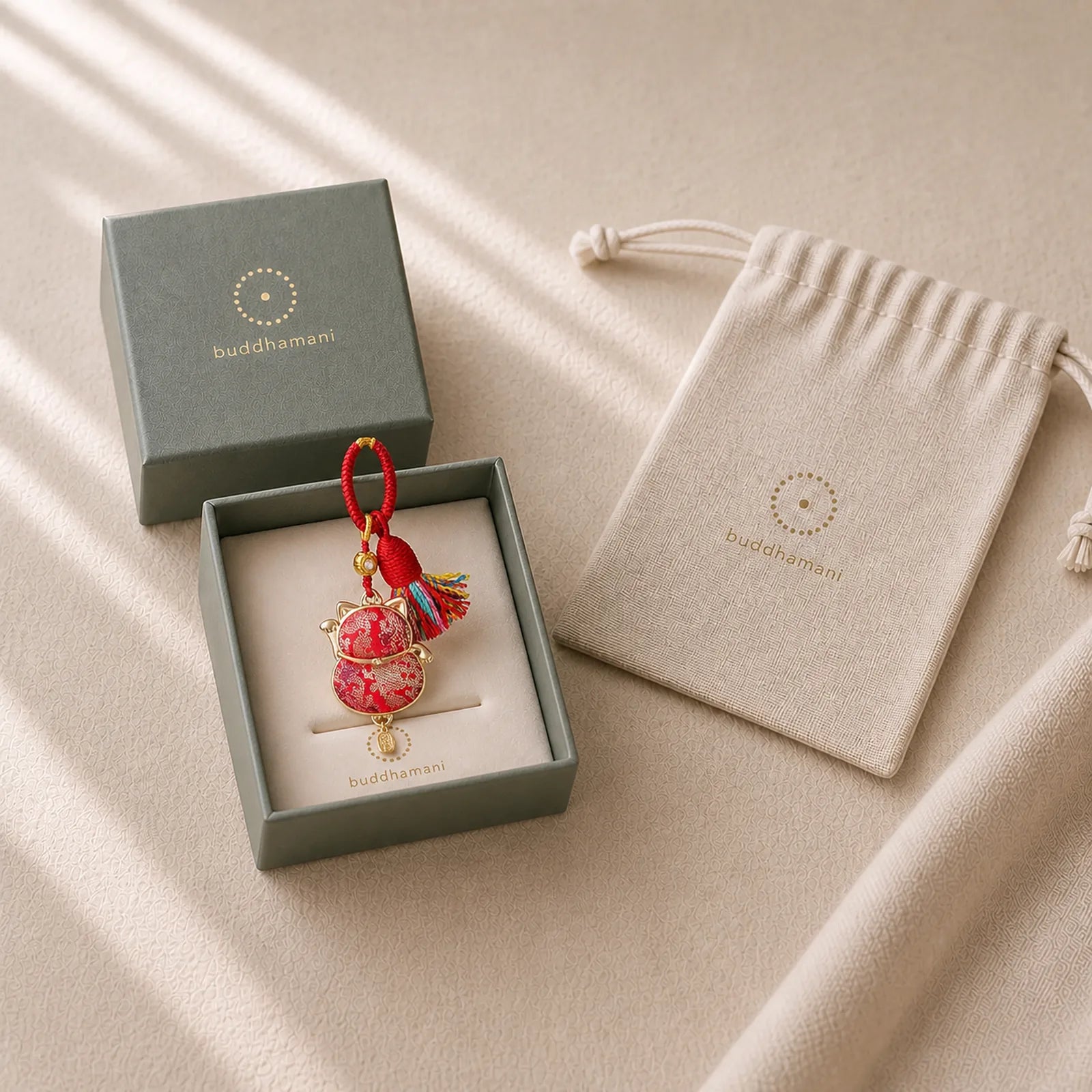 Song Brocade Lucky Cat Wealth Tassel String Keychain featuring Copper