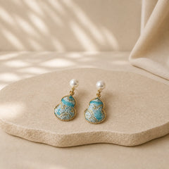 Song Brocade Pearl Gourd Healing Handmade Stud Dangle Earrings featuring Pearl, Silver, Copper