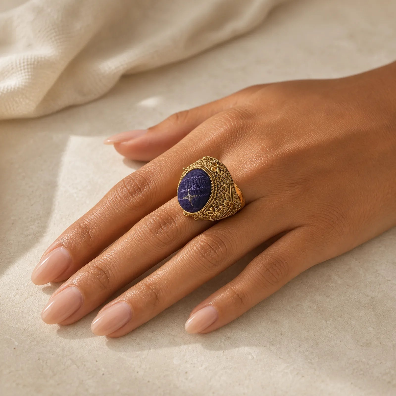 Song Brocade Prosperity Pigeon egg Oval Adjustable Chinese Style Ring featuring Copper