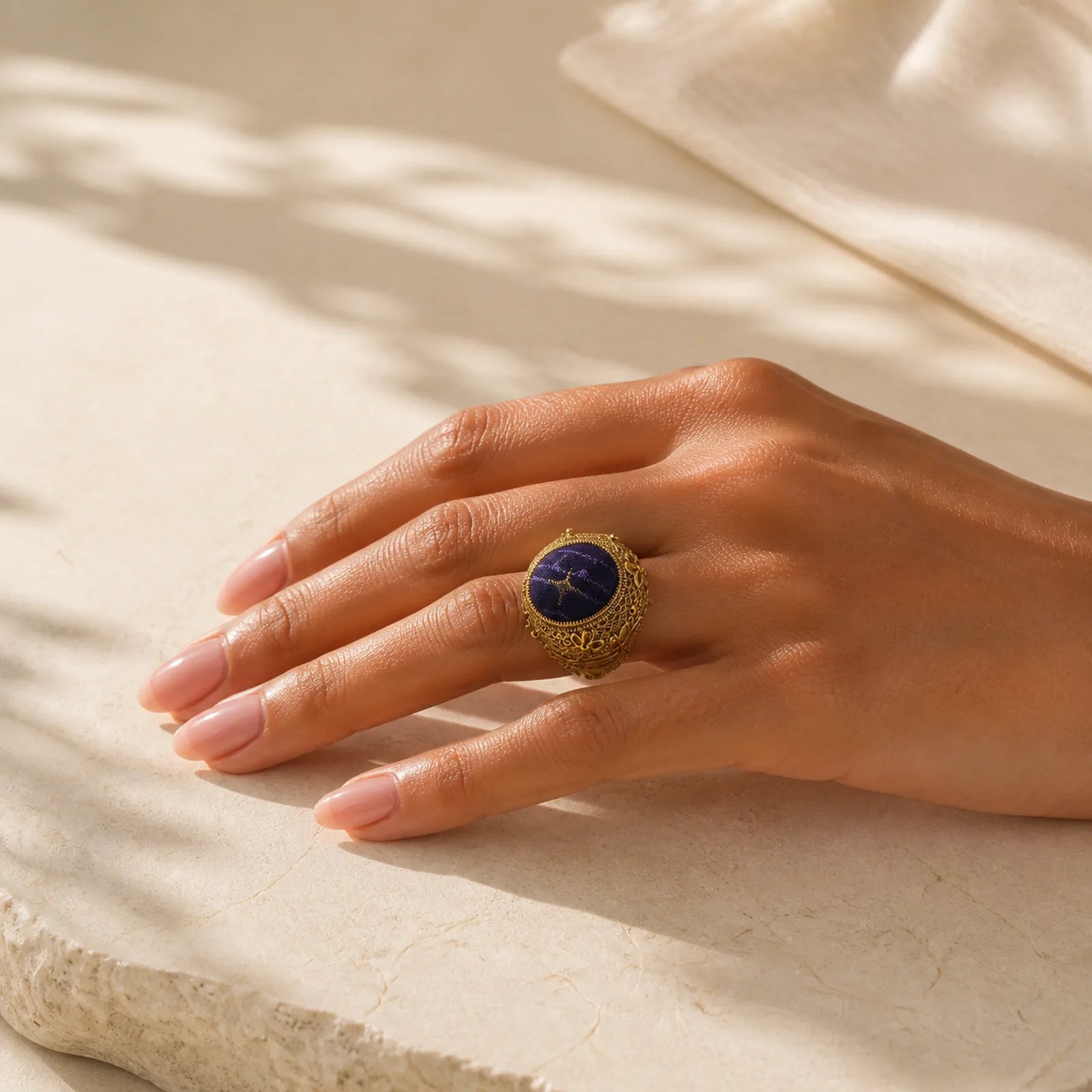 Song Brocade Prosperity Pigeon egg Oval Adjustable Chinese Style Ring featuring Copper