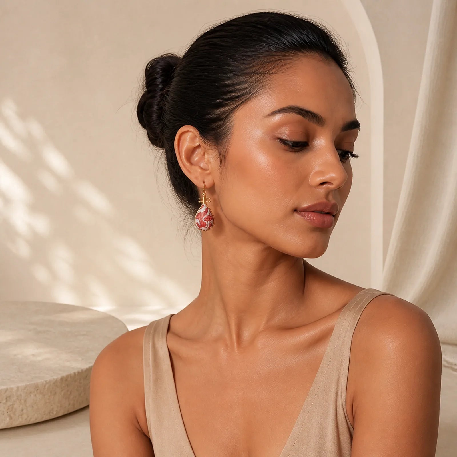 Song Brocade White Patterns Pipa-Shaped Design Harmony Teardrop Earrings featuring Copper