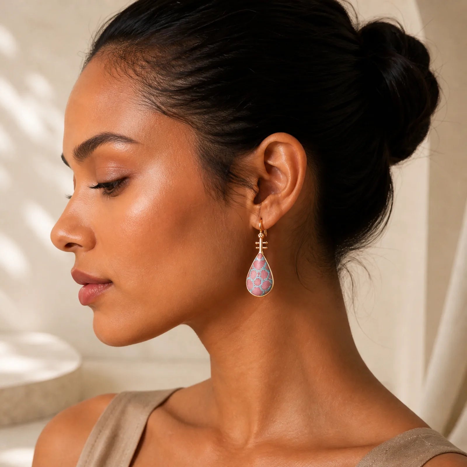 Song Brocade floral Pattern Pipa-Shaped Harmony Handcrafted Teardrop Earrings featuring Copper