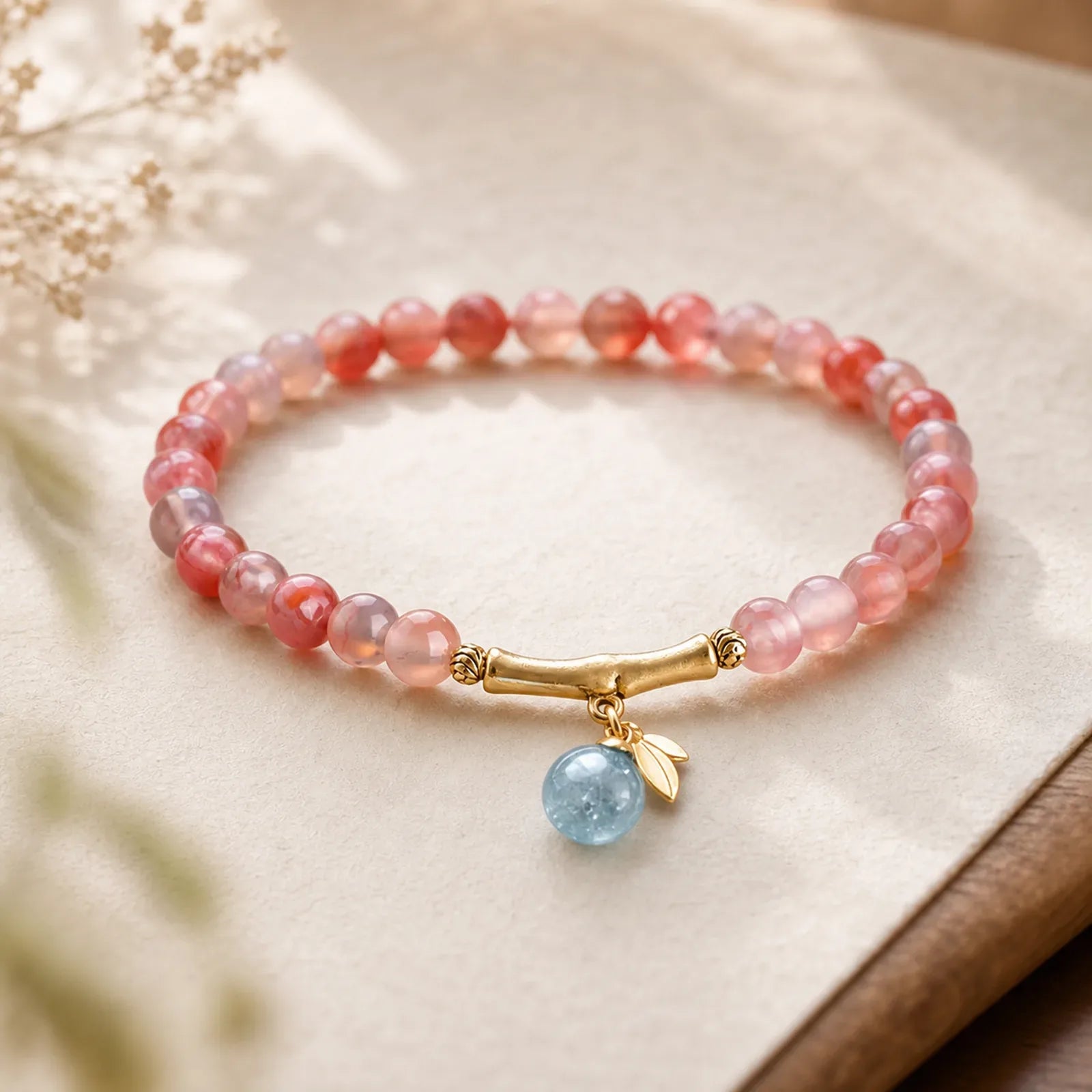 South Red Agate Aquamarine Pearl Hetian Jade Bamboo Flower Fortune Bracelet featuring South Red Agate, Red Agate, Aquamarine