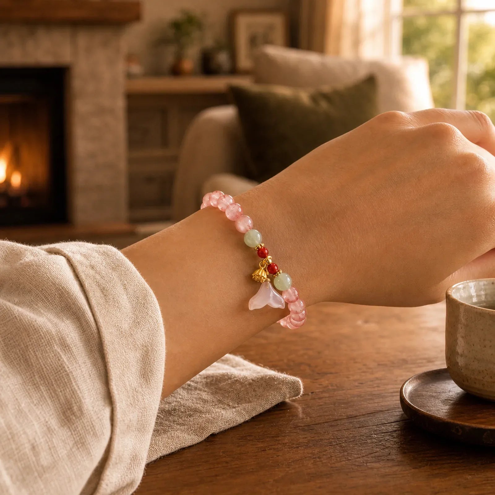 South Red Agate Butterfly Orchid Hetian Jade Luck Bracelet featuring South Red Agate, Red Agate, Butterfly