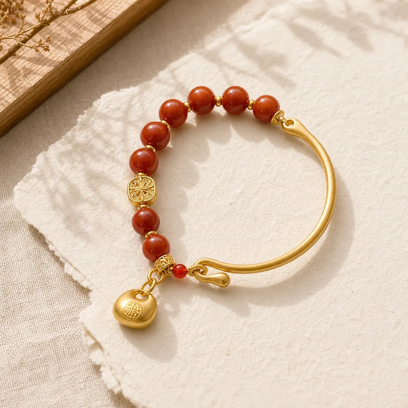 South Red Agate Fu Character Ingot Half Bracelet featuring South Red Agate, Red Agate, Fu Character