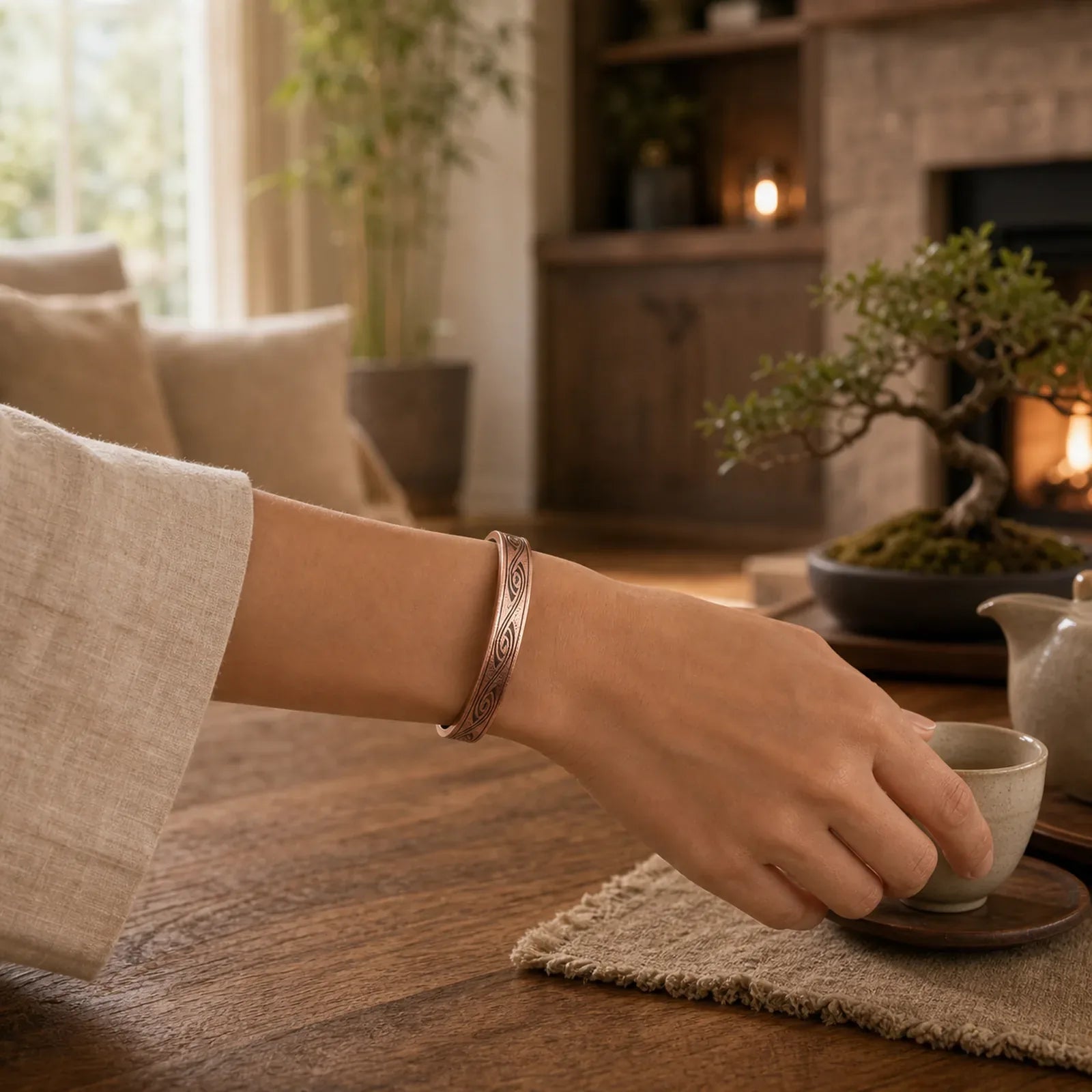 Spiral Pattern Copper Balance Open Adjustable Cuff Bracelet Bangle featuring Copper