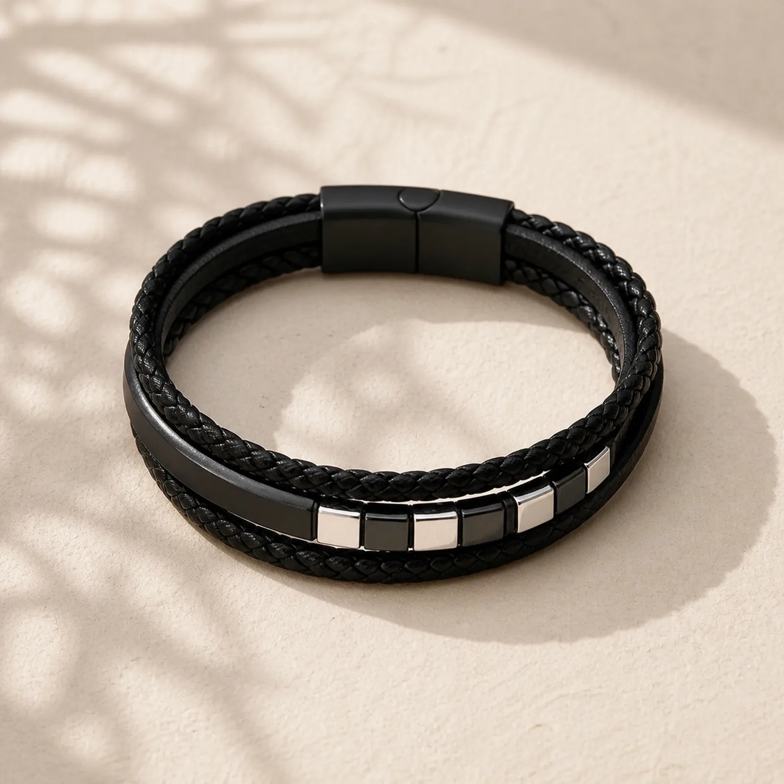 Square Titanium Steel Leather Multi-layer Buckle Calm Bracelet featuring Titanium Steel