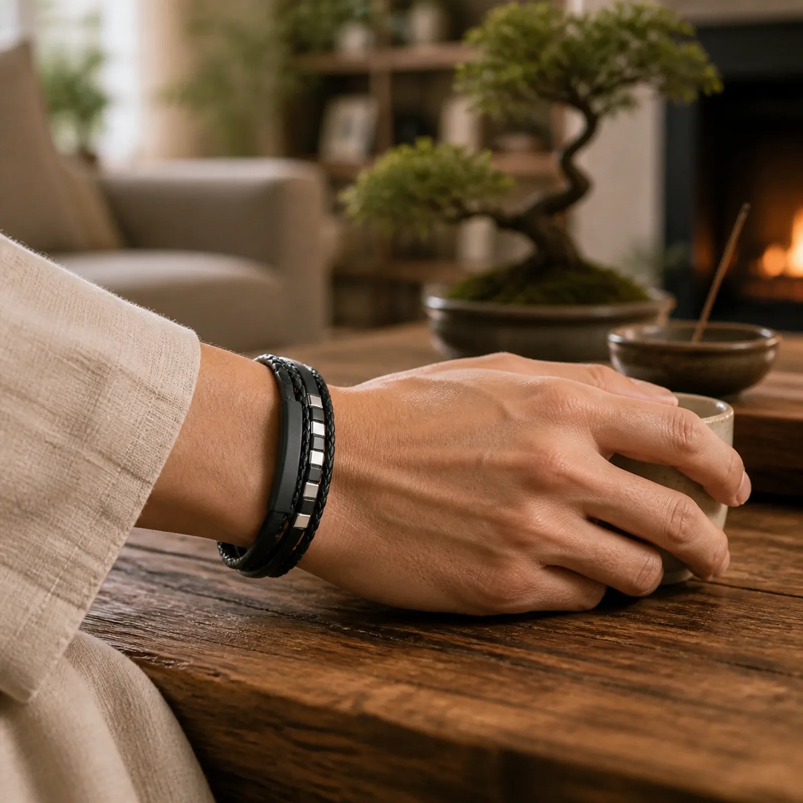 Square Titanium Steel Leather Multi-layer Buckle Calm Bracelet featuring Titanium Steel