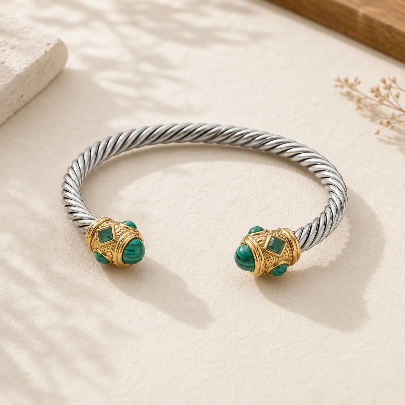 Stainless Steel Spiral Energy Two Tone Cuff Bracelet featuring Copper, Turquoise