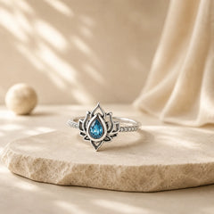 Sterling Silver Lotus Zircon Blessing Protection Ring featuring Silver, Lotus, Lotus Symbol