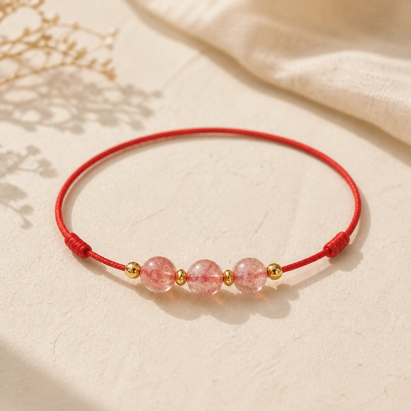 Strawberry Crystal Beads Luck Red String Anklet featuring Red String, Strawberry Quartz