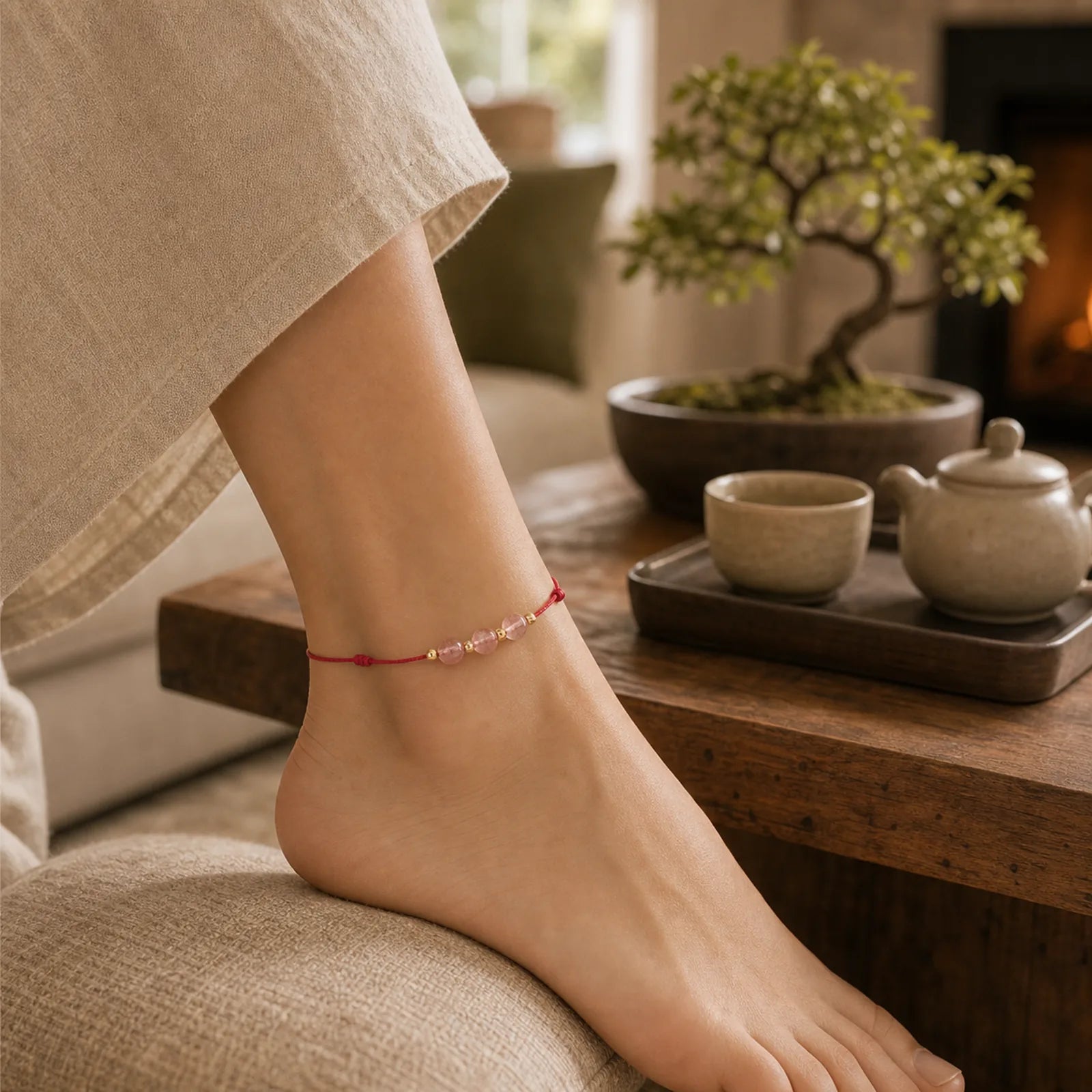 Strawberry Crystal Beads Luck Red String Anklet featuring Red String, Strawberry Quartz