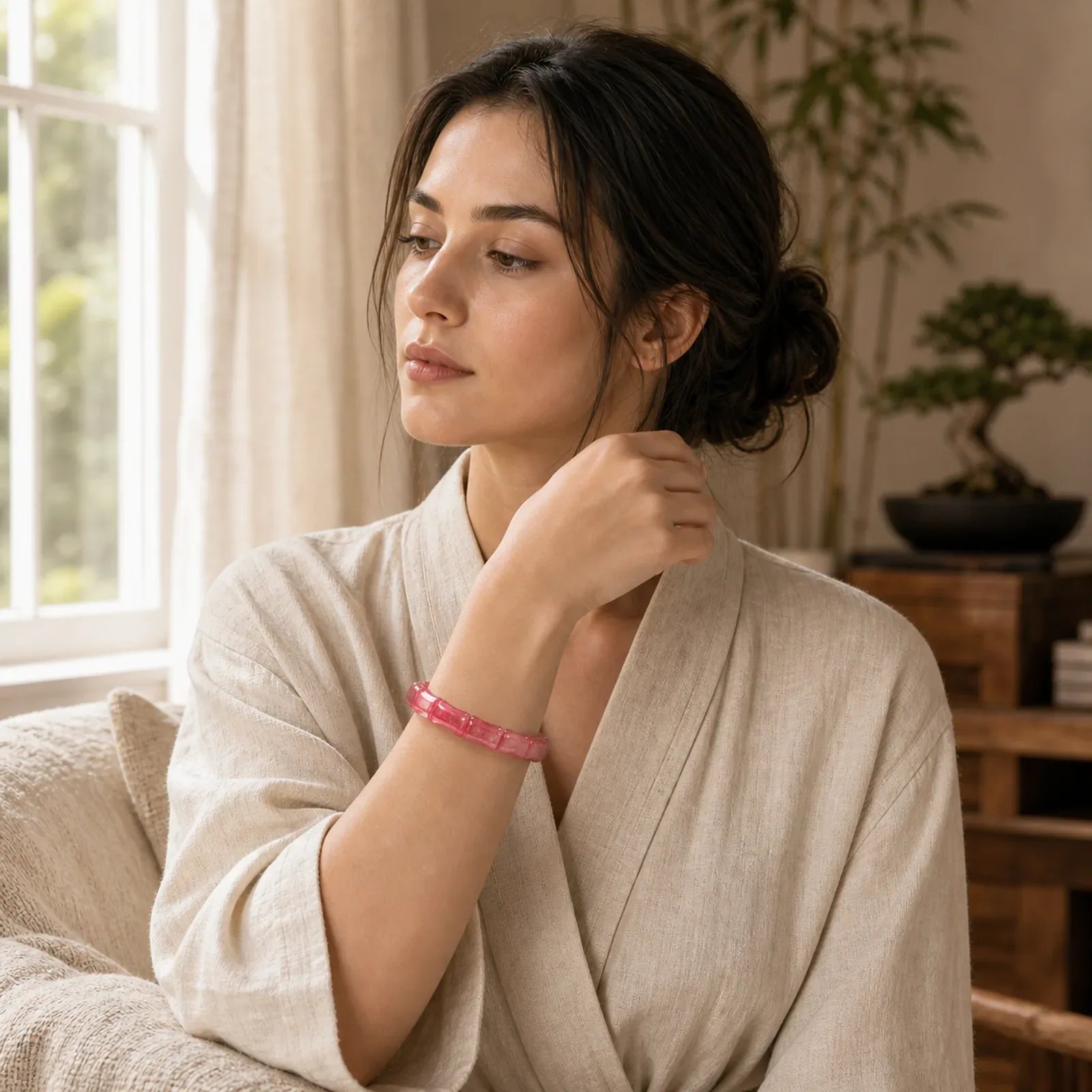 Strawberry Quartz Bamboo Positive Bracelet featuring Strawberry Quartz, Bamboo