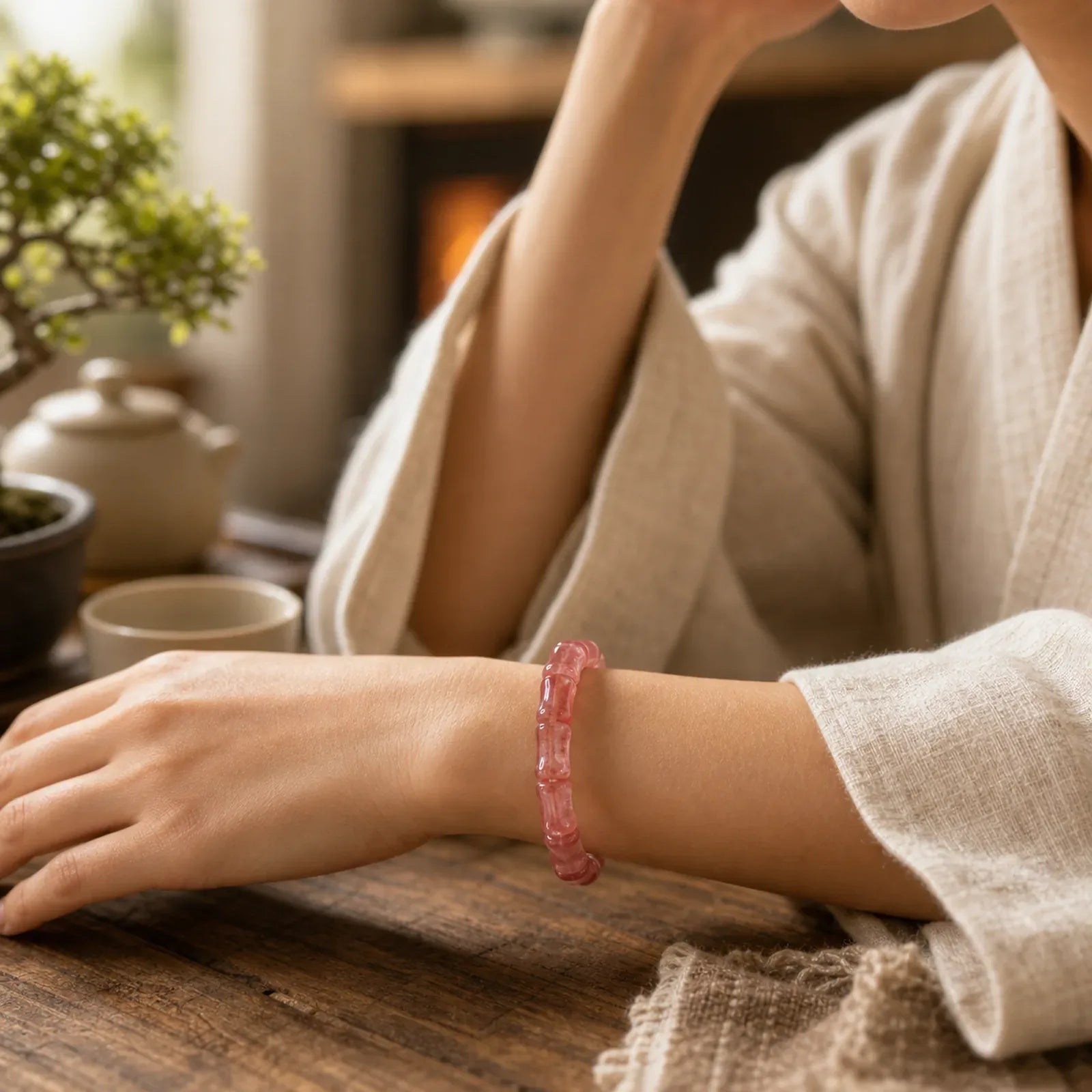 Strawberry Quartz Bamboo Positive Bracelet featuring Strawberry Quartz, Bamboo