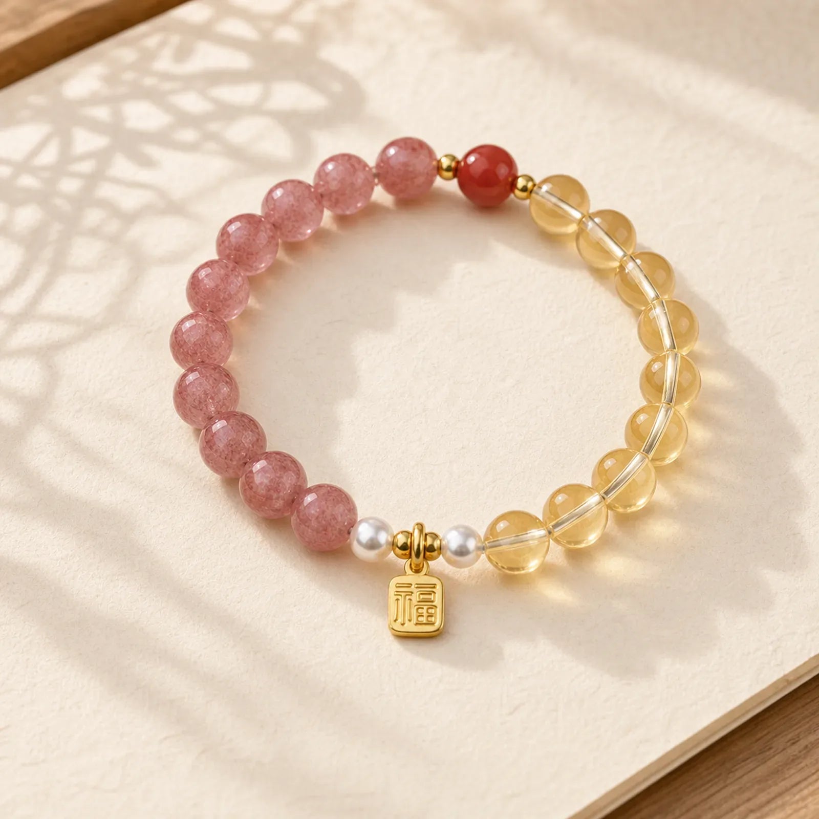Strawberry Quartz Citrine Five Elements Fu Character Luck Bracelet featuring Strawberry Quartz, Citrine, Five Elements