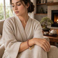Strawberry Quartz Citrine Five Elements Fu Character Luck Bracelet featuring Strawberry Quartz, Citrine, Five Elements