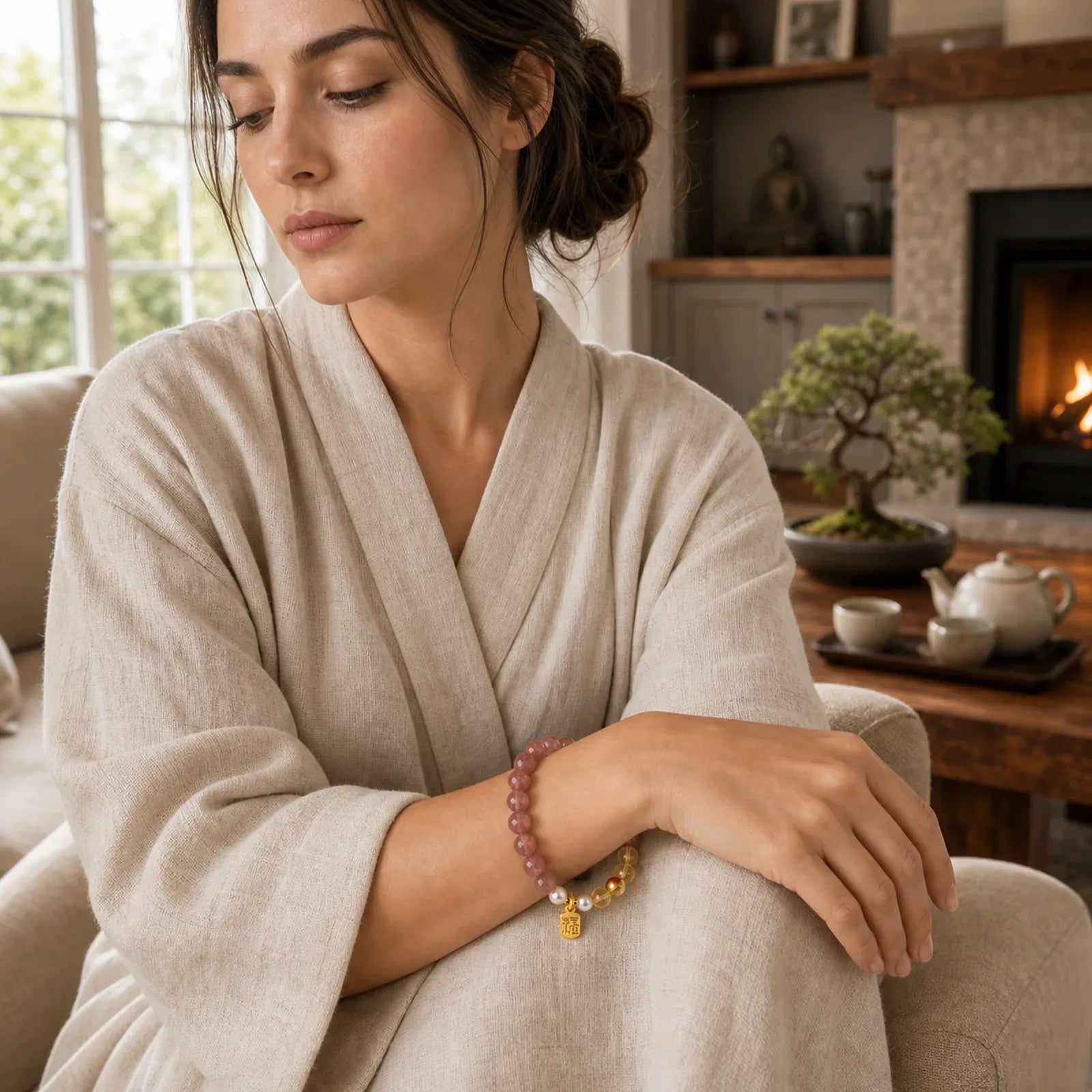 Strawberry Quartz Citrine Five Elements Fu Character Luck Bracelet featuring Strawberry Quartz, Citrine, Five Elements