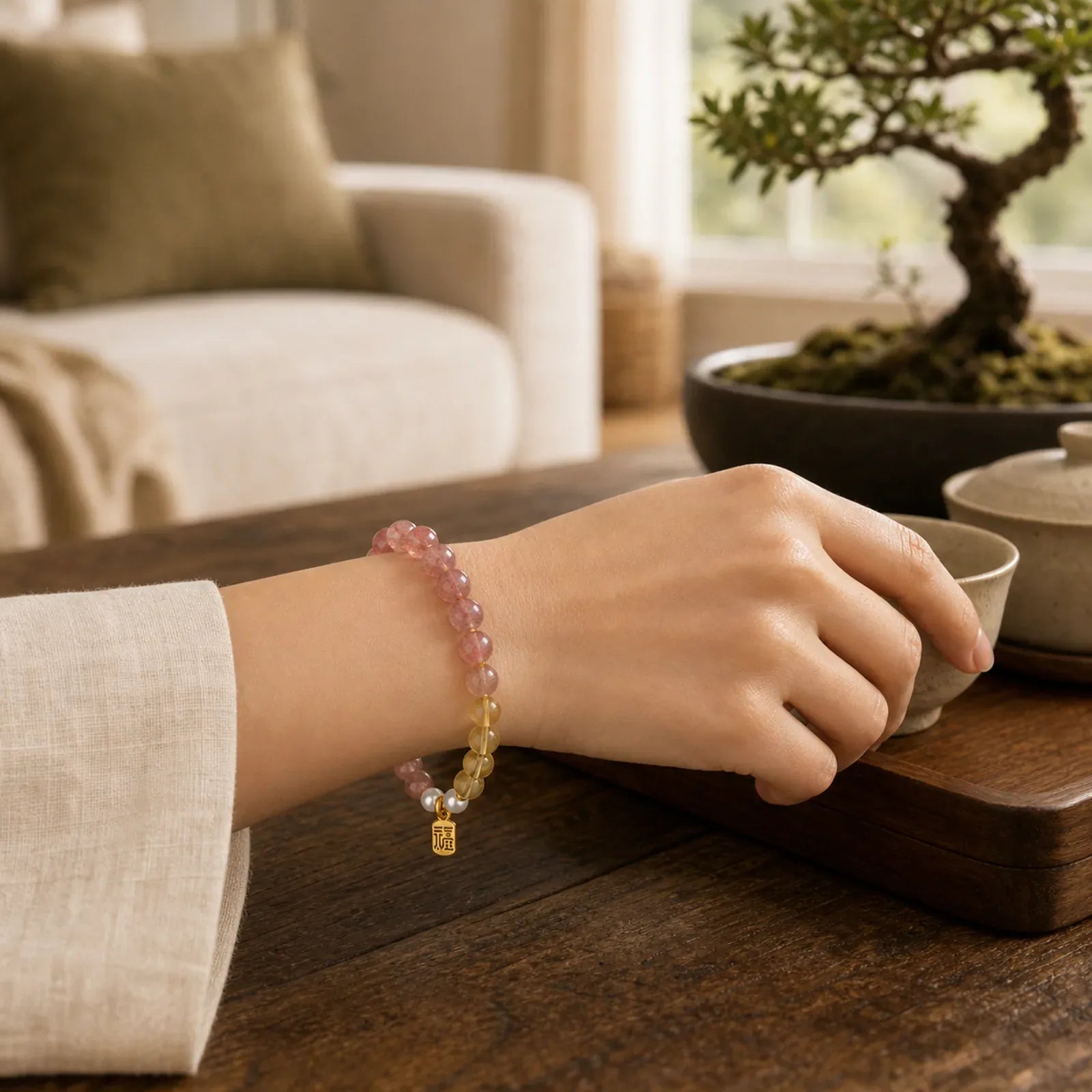 Strawberry Quartz Citrine Five Elements Fu Character Luck Bracelet featuring Strawberry Quartz, Citrine, Five Elements