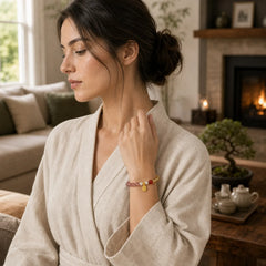 Strawberry Quartz Citrine Five Elements Fu Character Luck Bracelet featuring Strawberry Quartz, Citrine, Five Elements