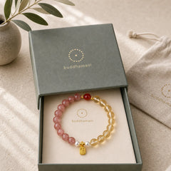 Strawberry Quartz Citrine Five Elements Fu Character Luck Bracelet featuring Strawberry Quartz, Citrine, Five Elements
