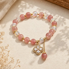 Strawberry Quartz Clover Love Beaded Tassel Bracelet featuring Strawberry Quartz, Copper