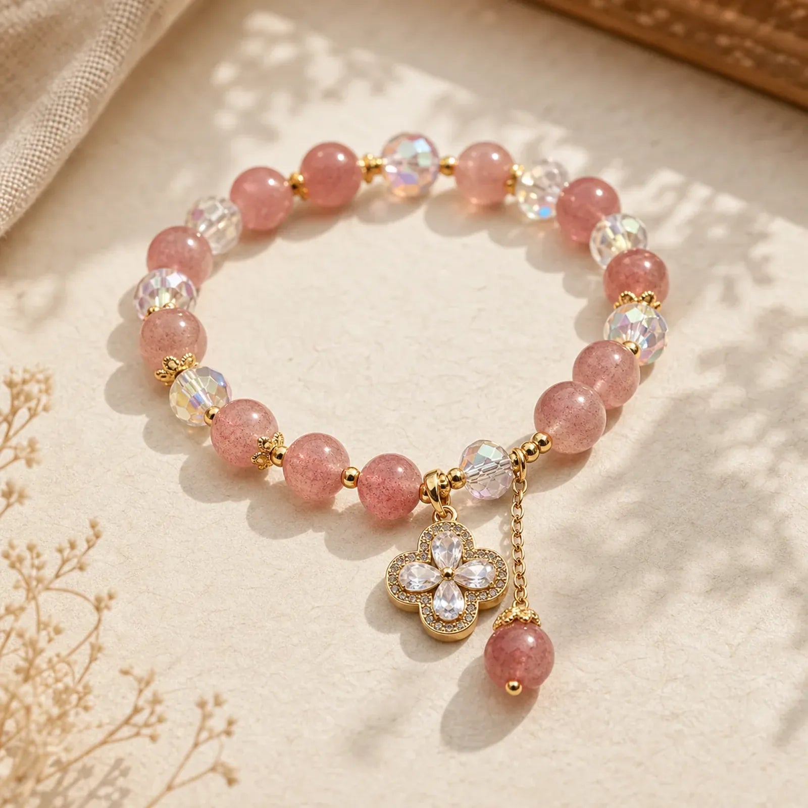 Strawberry Quartz Clover Love Beaded Tassel Bracelet featuring Strawberry Quartz, Copper