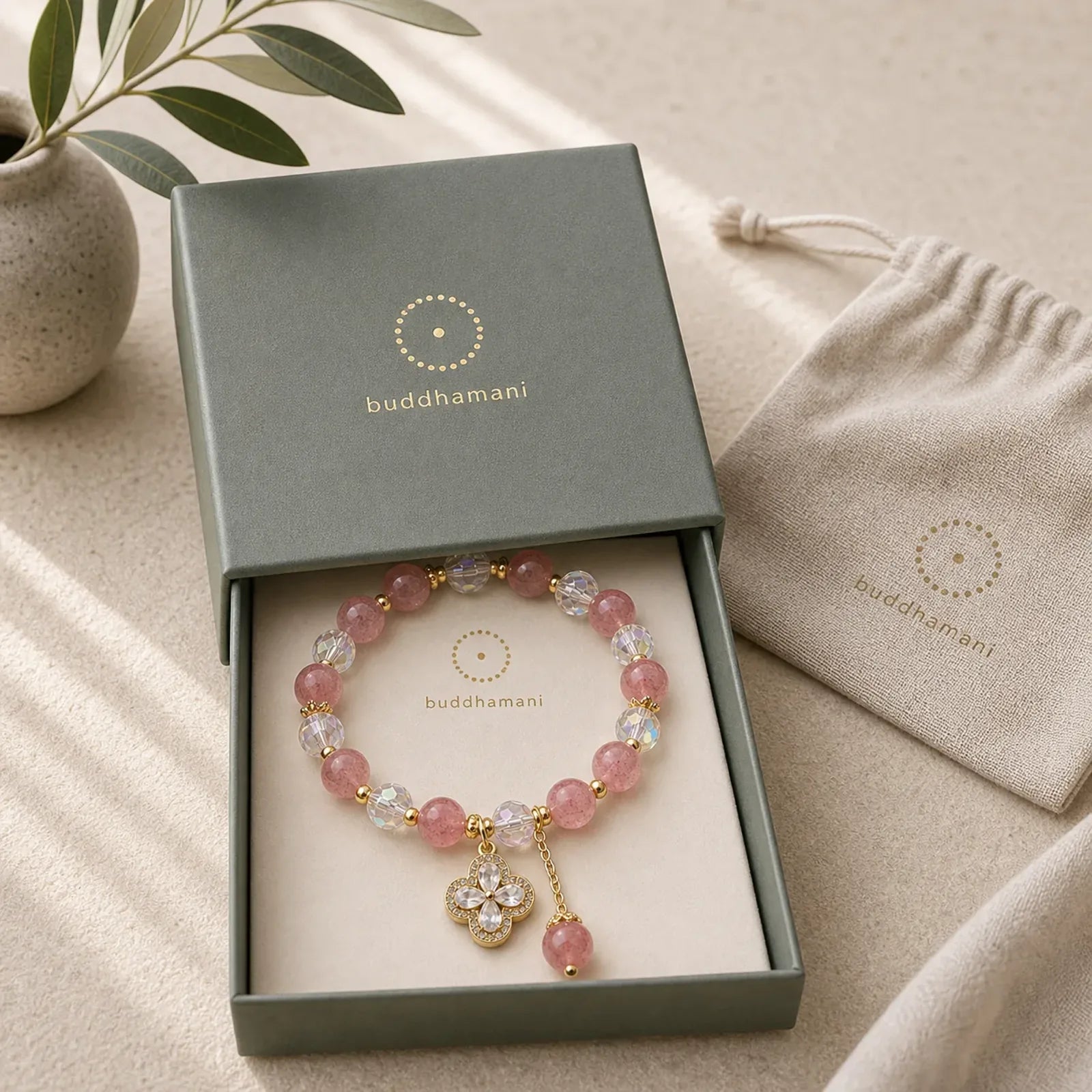 Strawberry Quartz Clover Love Beaded Tassel Bracelet featuring Strawberry Quartz, Copper