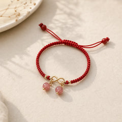 Strawberry Quartz Crystal Endless Knot Love Healing Red String Weave Bracelet featuring Strawberry Quartz, Red String, Copper