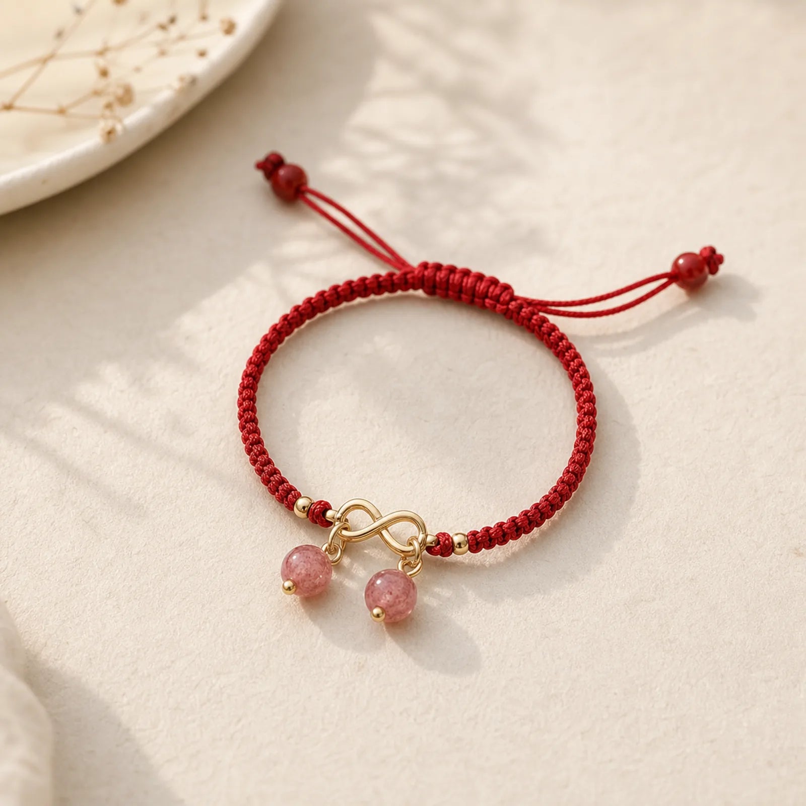 Strawberry Quartz Crystal Endless Knot Love Healing Red String Weave Bracelet featuring Strawberry Quartz, Red String, Copper