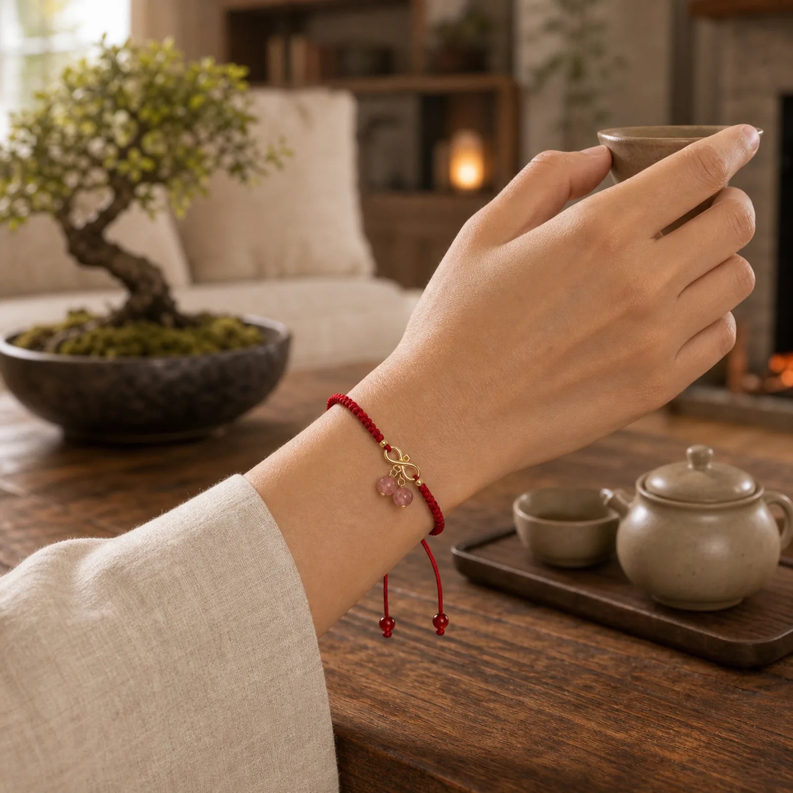 Strawberry Quartz Crystal Endless Knot Love Healing Red String Weave Bracelet featuring Strawberry Quartz, Red String, Copper