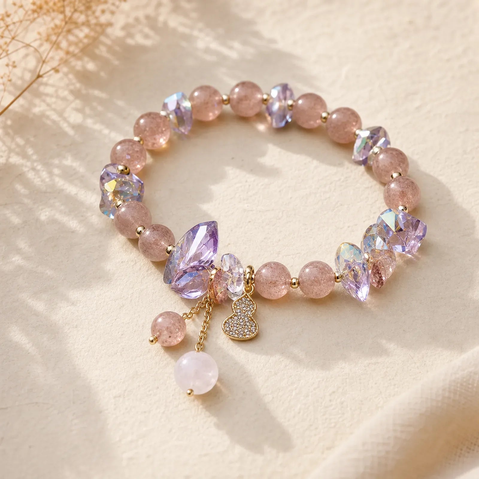 Strawberry Quartz Crystal Gourd Positive Bracelet featuring Strawberry Quartz, Copper