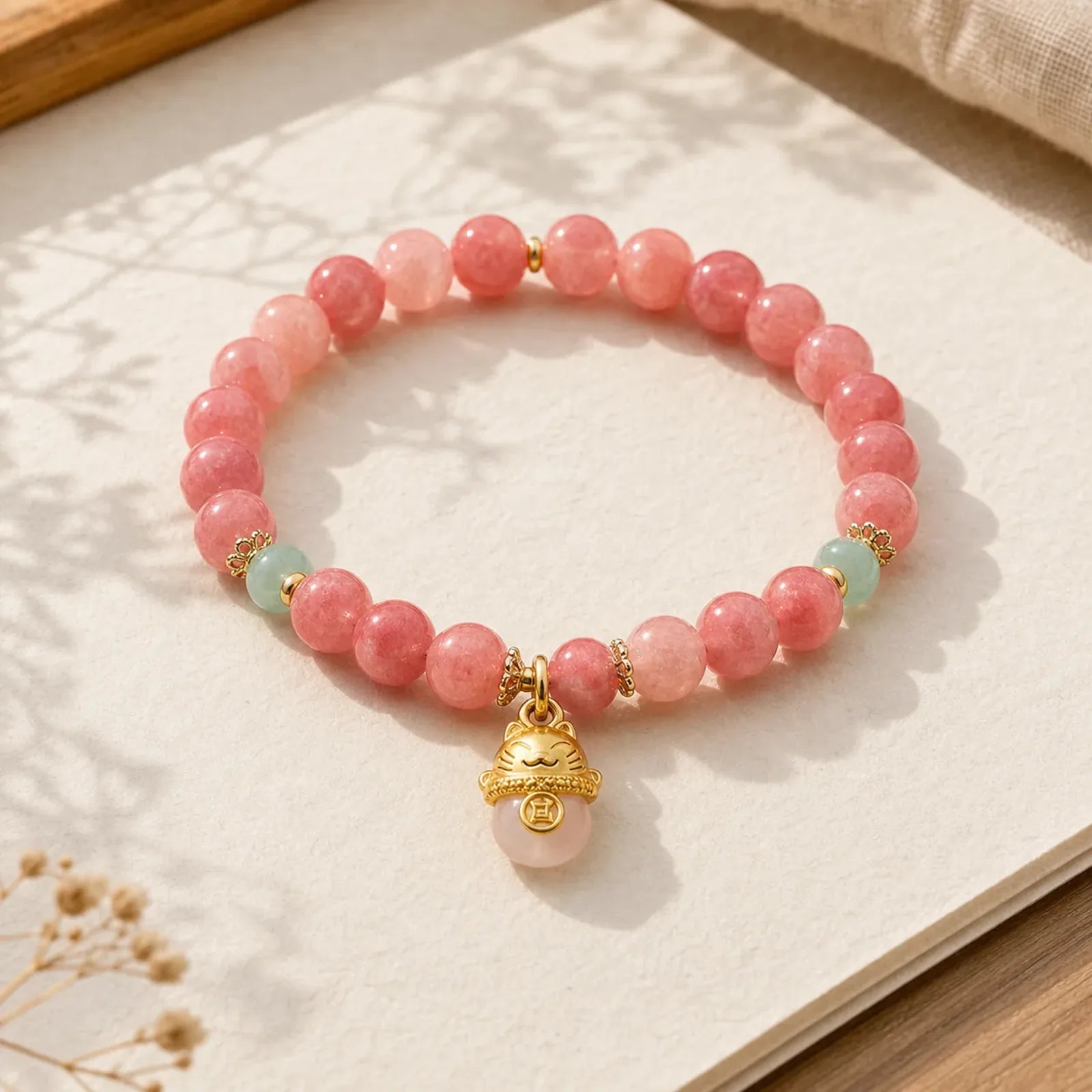Strawberry Quartz Cyan Jade Lucky Cat Beads Healing Bracelet featuring Strawberry Quartz, Cyan Jade, Jade