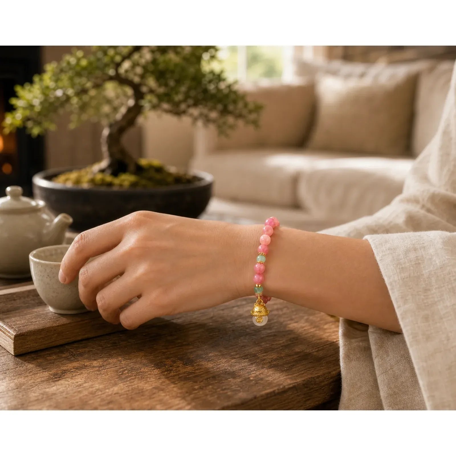 Strawberry Quartz Cyan Jade Lucky Cat Beads Healing Bracelet featuring Strawberry Quartz, Cyan Jade, Jade