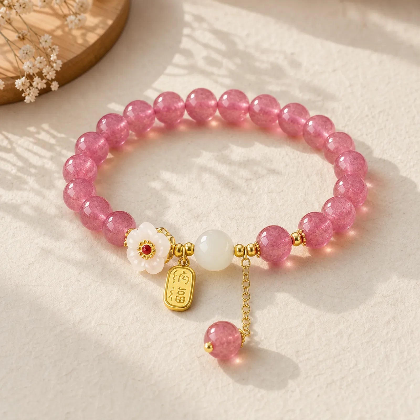 Strawberry Quartz Fu Character Pink Crystal Healing Bracelet featuring Strawberry Quartz, Fu Character, Pink Crystal