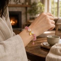 Strawberry Quartz Fu Character Pink Crystal Healing Bracelet featuring Strawberry Quartz, Fu Character, Pink Crystal