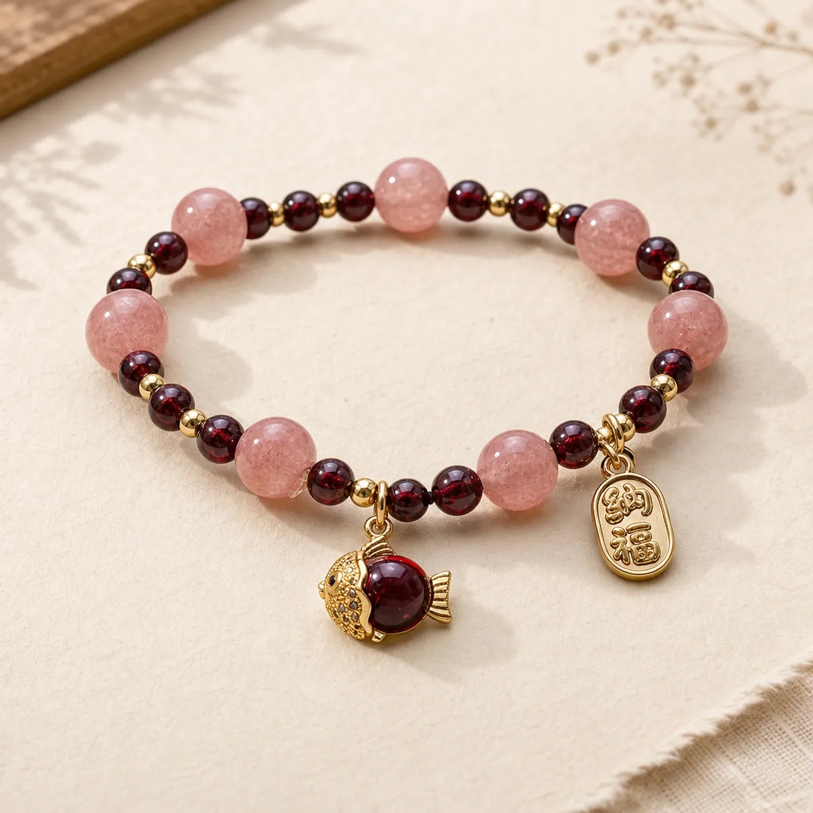 Strawberry Quartz Garnet Koi Fish Fu Character Healing Bracelet featuring Strawberry Quartz, Garnet, Koi Fish