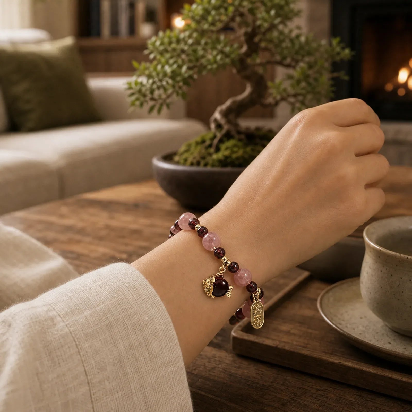 Strawberry Quartz Garnet Koi Fish Fu Character Healing Bracelet featuring Strawberry Quartz, Garnet, Koi Fish