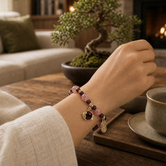 Strawberry Quartz Garnet Koi Fish Fu Character Healing Bracelet featuring Strawberry Quartz, Garnet, Koi Fish