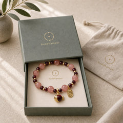 Strawberry Quartz Garnet Koi Fish Fu Character Healing Bracelet featuring Strawberry Quartz, Garnet, Koi Fish