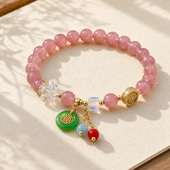 Strawberry Quartz Jade Fu Character Charm Healing Bracelet featuring Strawberry Quartz, Jade, Fu Character
