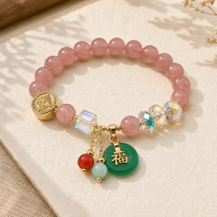 Strawberry Quartz Jade Fu Character Charm Healing Bracelet featuring Strawberry Quartz, Jade, Fu Character