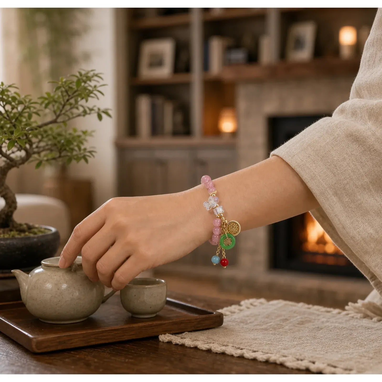 Strawberry Quartz Jade Fu Character Charm Healing Bracelet featuring Strawberry Quartz, Jade, Fu Character