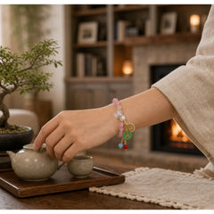 Strawberry Quartz Jade Fu Character Charm Healing Bracelet featuring Strawberry Quartz, Jade, Fu Character