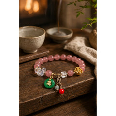 Strawberry Quartz Jade Fu Character Charm Healing Bracelet featuring Strawberry Quartz, Jade, Fu Character