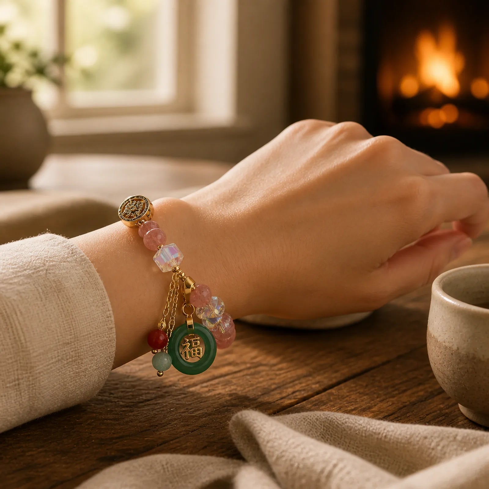 Strawberry Quartz Jade Fu Character Charm Healing Bracelet featuring Strawberry Quartz, Jade, Fu Character