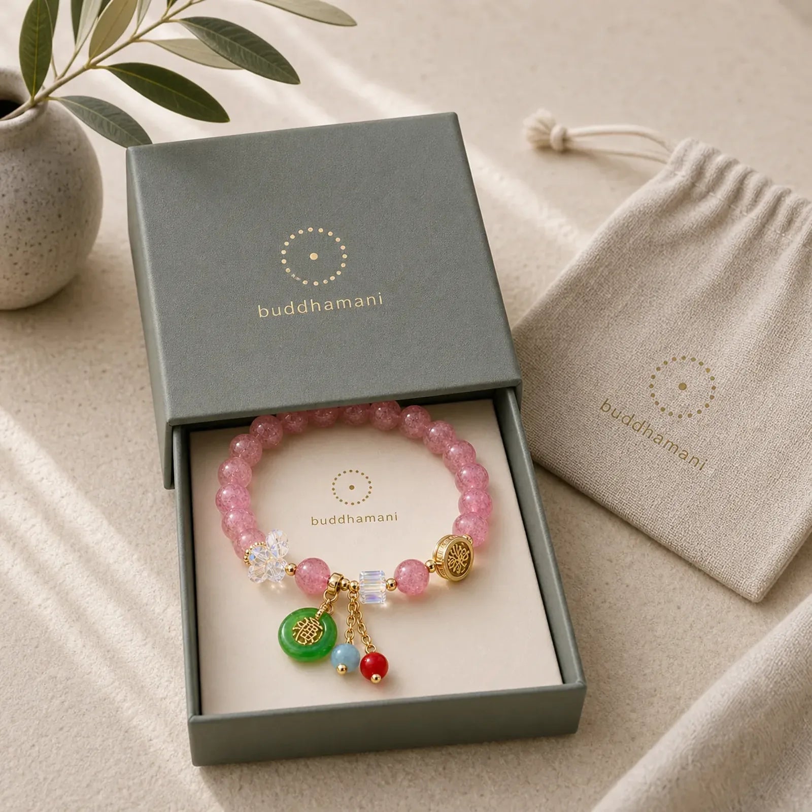 Strawberry Quartz Jade Fu Character Charm Healing Bracelet featuring Strawberry Quartz, Jade, Fu Character