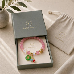 Strawberry Quartz Jade Fu Character Charm Healing Bracelet featuring Strawberry Quartz, Jade, Fu Character