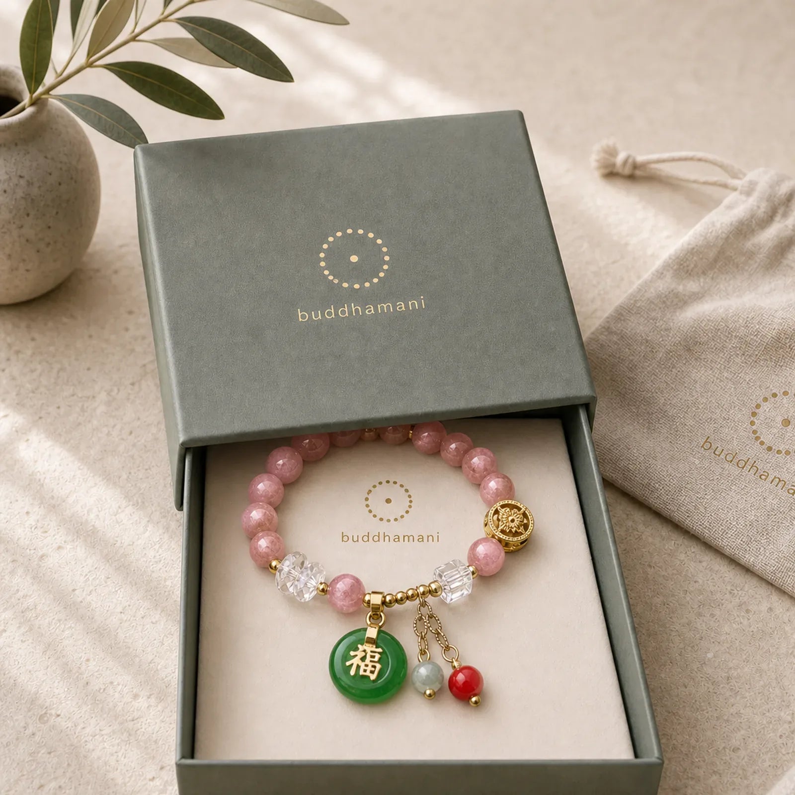 Strawberry Quartz Jade Fu Character Charm Healing Bracelet featuring Strawberry Quartz, Jade, Fu Character