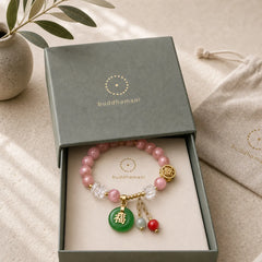 Strawberry Quartz Jade Fu Character Charm Healing Bracelet featuring Strawberry Quartz, Jade, Fu Character